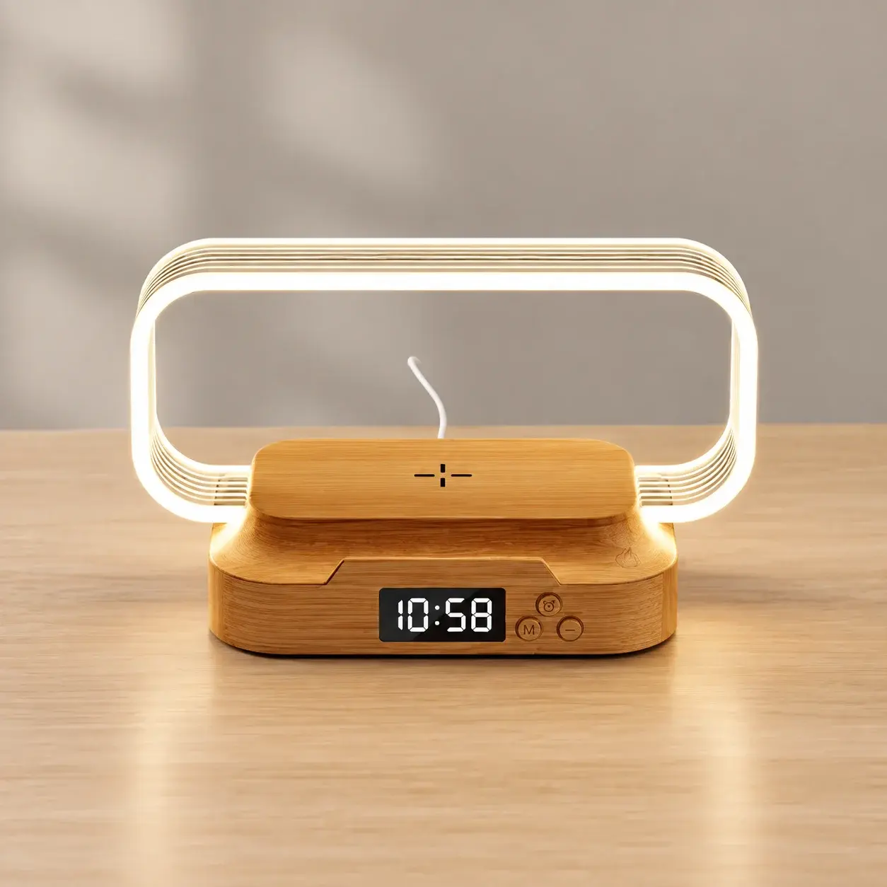 Lampe de Table LED Shenzhi Tech WR06 avec Horloge Numérique, Support Téléphone à Charge Sans Fil, Veilleuse Réglable
